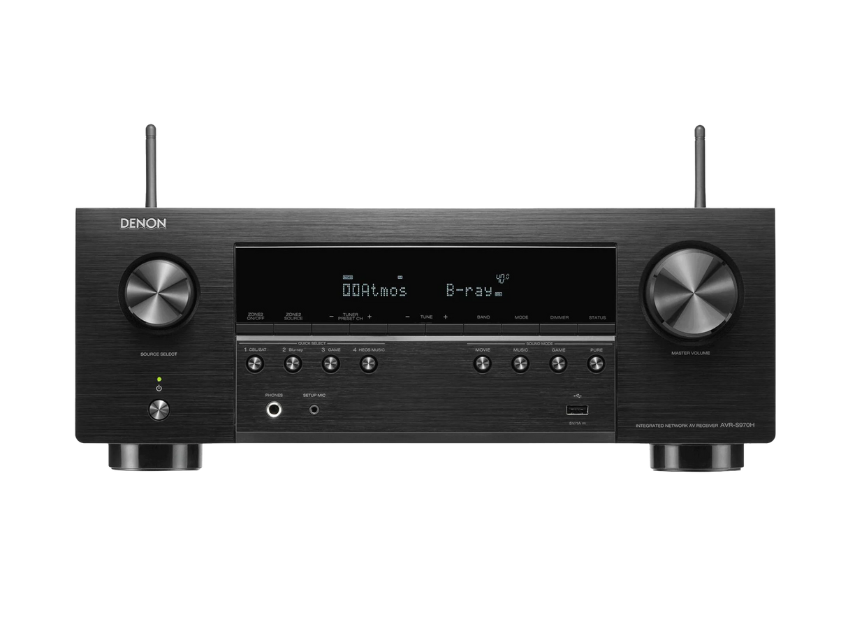 Denon AVR-S970H, 7.2 kanalų namų kino stiprintuvas su Dolby Atmos, DTS:X, HEOS ir 8K HDMI - Antenos, priekinis ekranas, jungtys, mygtukai