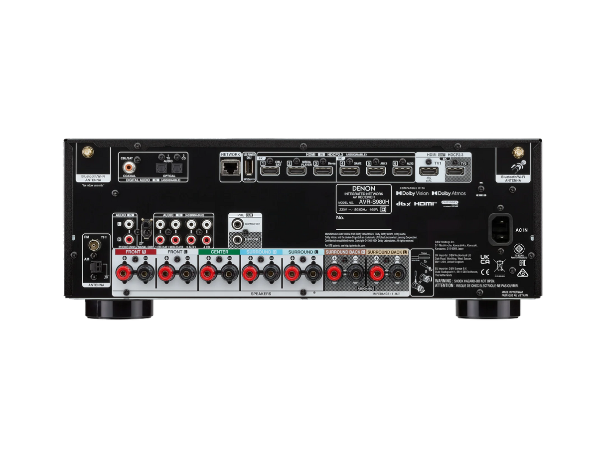 Denon AVR-S980H, 7.2 kanalų namų kino stiprintuvas su Dolby Atmos ir 8K palaikymu - galinė panelė su daugybe jungčių