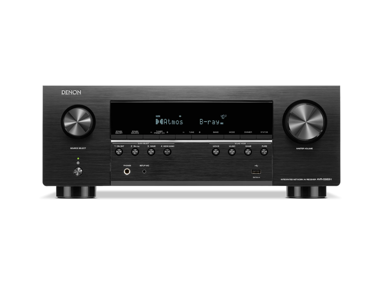 Denon AVR-S980H, 7.2 kanalų namų kino stiprintuvas su Dolby Atmos ir 8K palaikymu - priekinė panelė su mygtukais ir ekranu
