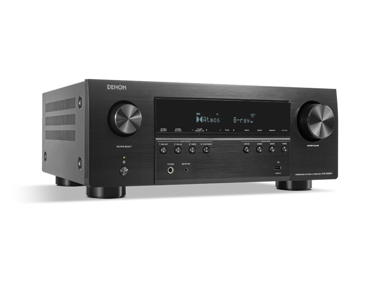 Denon AVR-S980H, 7.2 kanalų namų kino stiprintuvas su Dolby Atmos ir 8K palaikymu - Mėlynas ekranas su "Dolby Atmos" užrašu