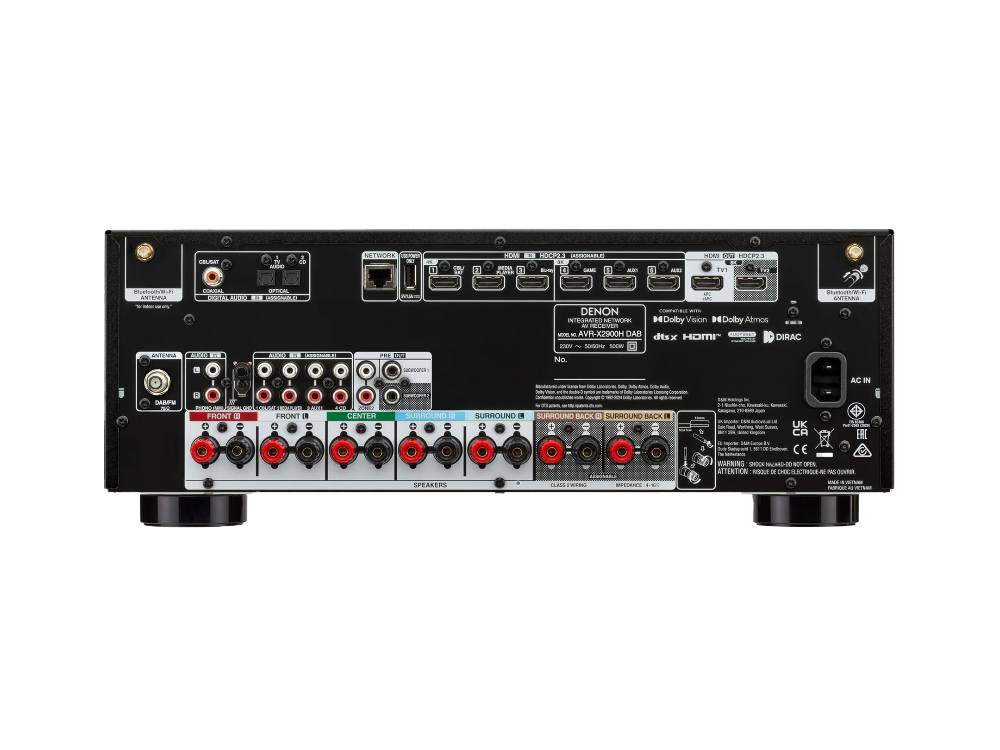 Denon AVR-X2900H DAB, 7.2 kanalų namų kino stiprintuvas su Dolby Atmos, DTS:X, HEOS ir 8K HDMI - Galinė panelė su daugybe jungčių