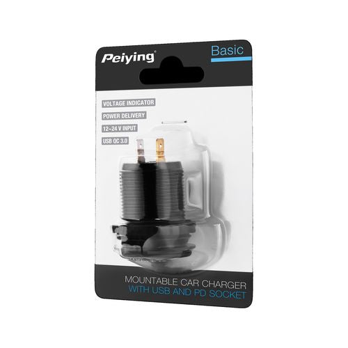 Peiying Basic, montuojamas automobilinis įkroviklis 12-24V USB + USB-C QC3.0 PD su įtampos indikacija