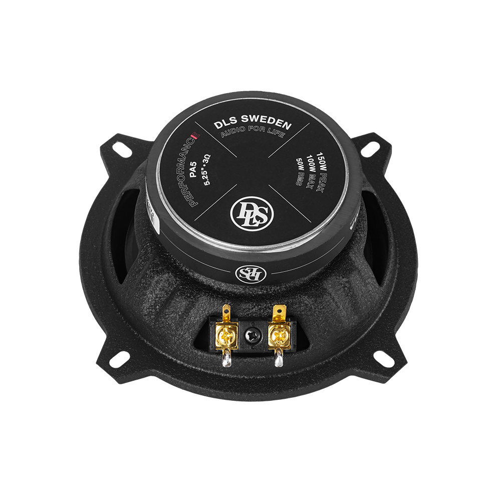 DLS Performance Advantage PA5, 13 cm koaksialiniai garsiakalbiai, 100 W - Auksinės jungtys, juodas logotipas, specifikacijos