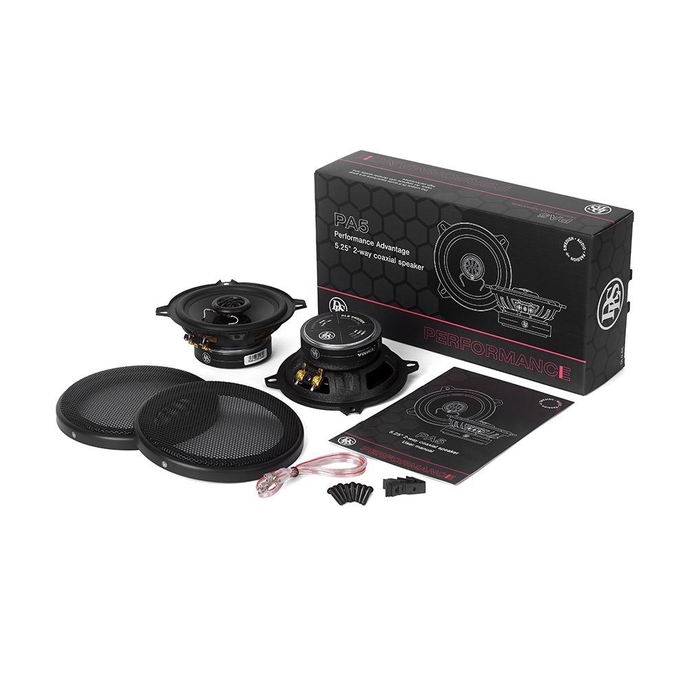 DLS Performance Advantage PA5, 13 cm koaksialiniai garsiakalbiai, 100 W - Garsiakalbių komplektas, pakuotė, instrukcija