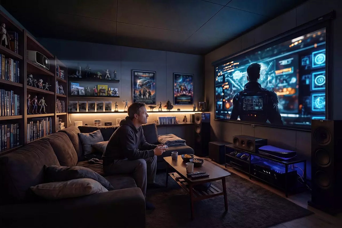 Epson EH-LS7500, 4K 3LCD lazerinis mažo atstumo namų kino projektorius - Projektorius ant knygų lentynos šviečia