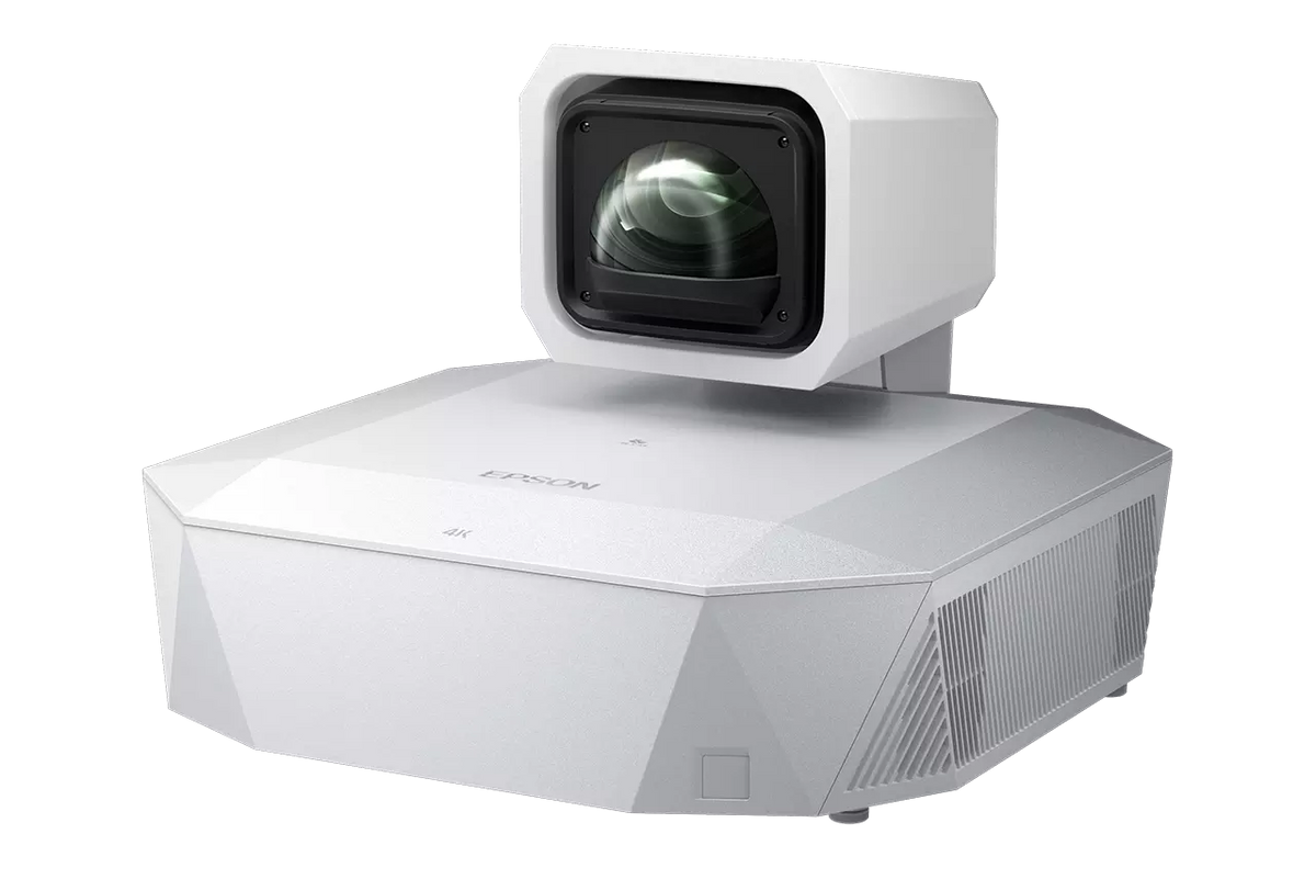 Epson EH-QL7000, 4K 3LCD lazerinis namų kino projektorius (be objektyvo) - Baltas projektorius su dideliu objektyvu priekyje