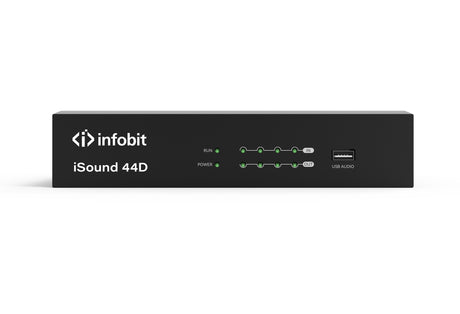 iSound 44D 4x4 skaitmeninis garso procesorius su Dante - Priekinė panelė su indikatoriais ir USB jungtimi