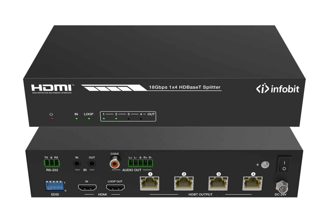 iSwitch 104H150 4K60 1x4 HDMI splitter, išmanus EDID, su audio ir 4x 150m HDBaseT Rx