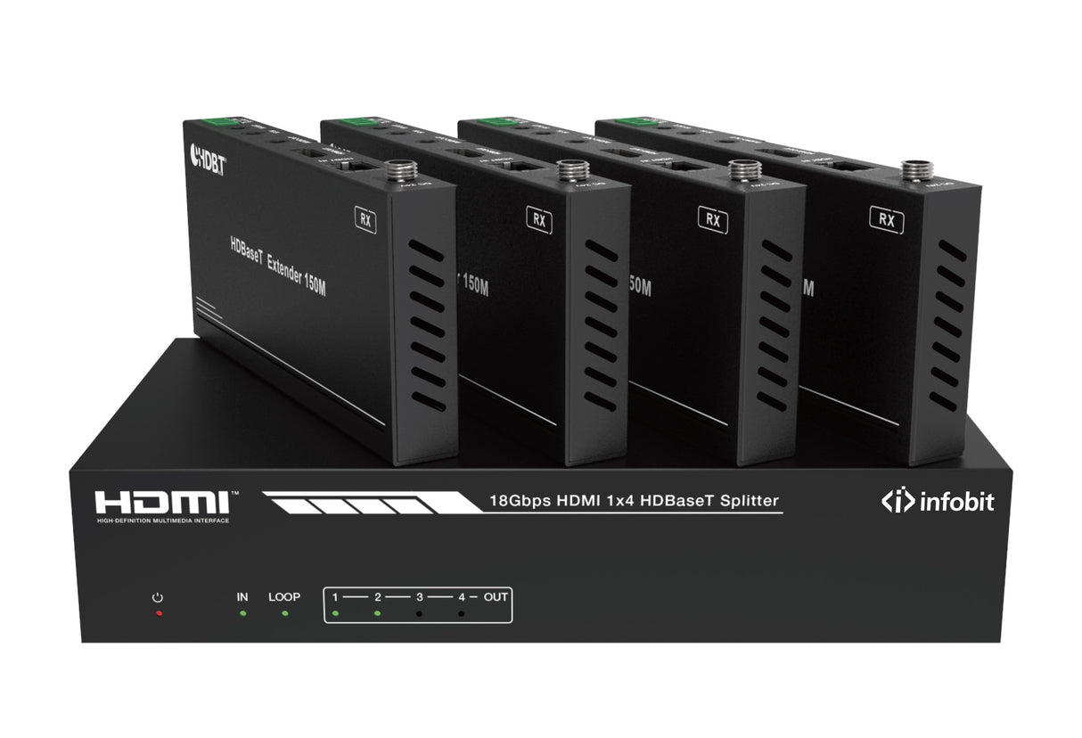 iSwitch 104H150 4K60 1x4 HDMI splitter, išmanus EDID, su audio ir 4x 150m HDBaseT Rx