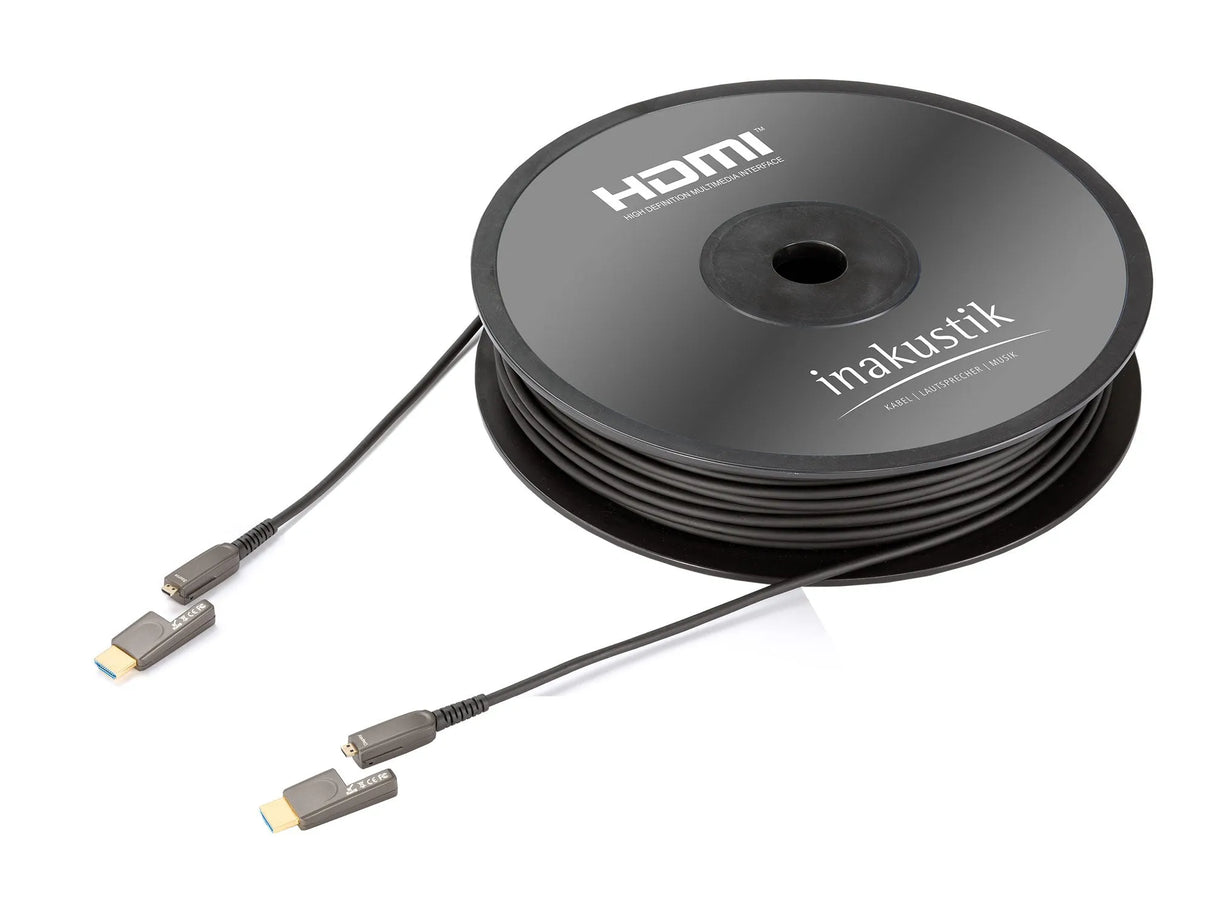 in-Akustik High Speed HDMI-Micro 2.0b, optinio pluošto signalinis HDMI-Micro kabelis 10m - ritė su kabeliu ir jungtimis