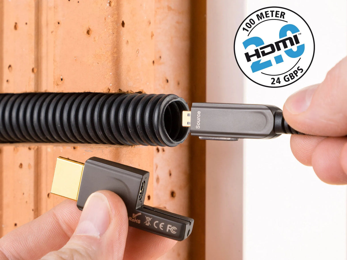 in-Akustik High Speed HDMI-Micro 2.0b, optinio pluošto signalinis HDMI-Micro kabelis 10m - HDMI 2.0b logotipai ir jungtys iš arti