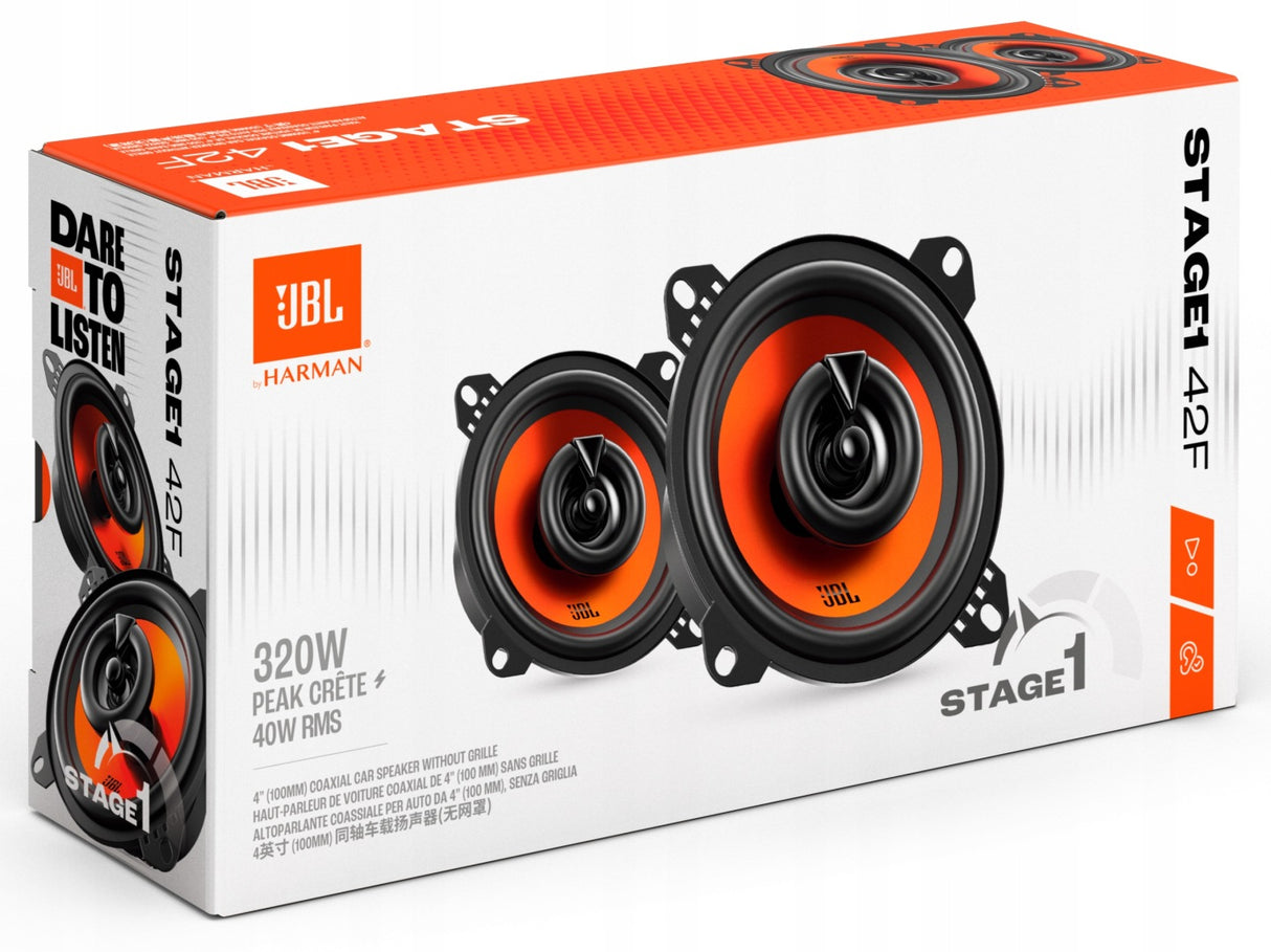 JBL Stage1 42F, 10 cm koaksialiniai garsiakalbiai - Garsiakalbių priekinė dalis su apelsininiu akcentu