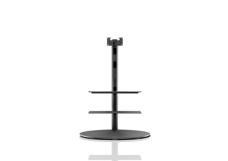 Loewe Floor Stand Flex 43"-65", grindinis televizoriaus stovas - Apvalus pagrindas su lentynomis ir laikikliu