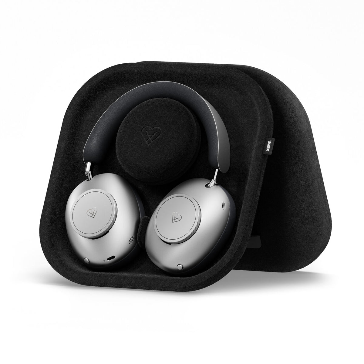 Loewe Leo, belaidės Over-Ear tipo ausinės su ANC - Sidabrinės ausinės, juodas dėklas, logotipas
