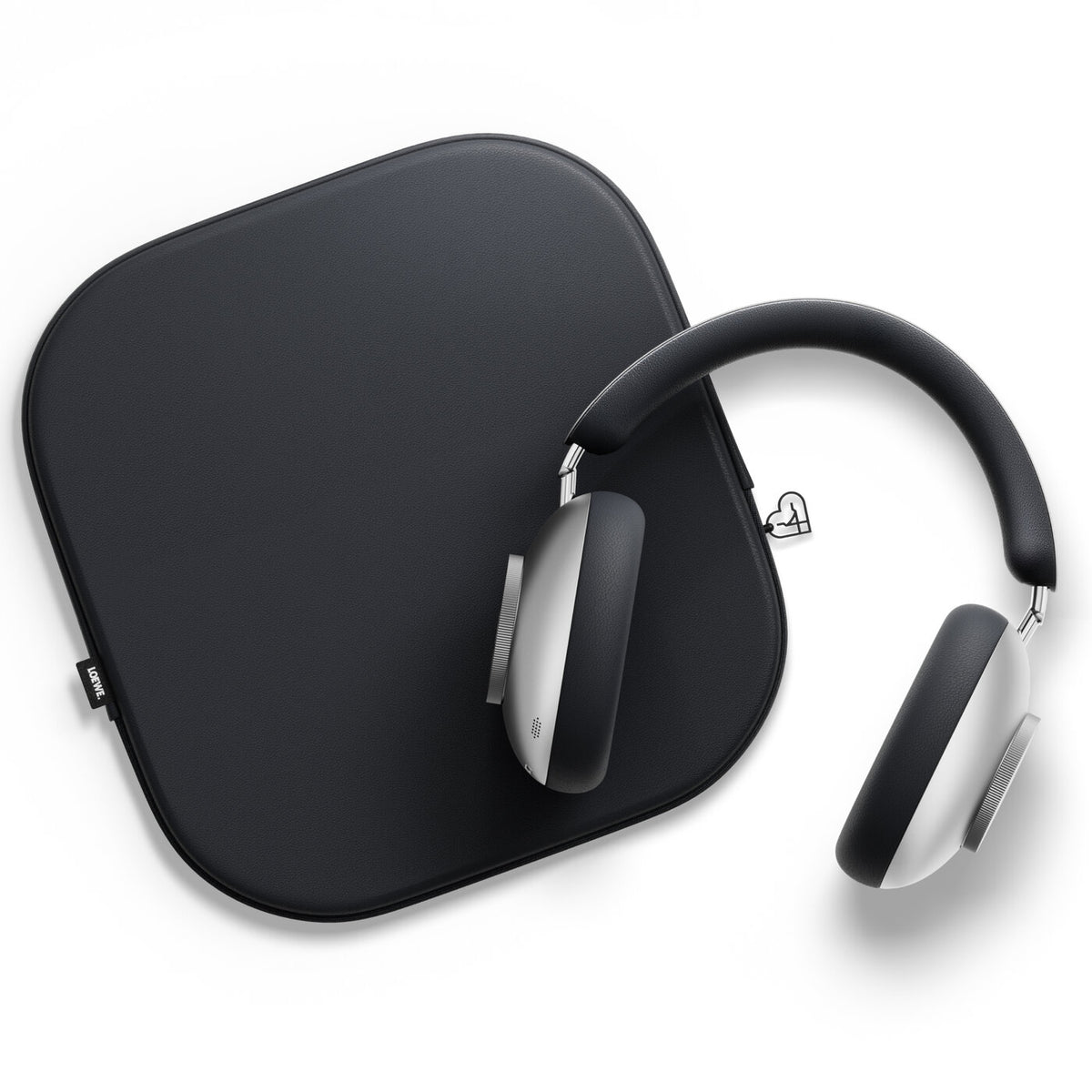 Loewe Leo, belaidės Over-Ear tipo ausinės su ANC - Juodas dėklas, ausinės, logotipas, detalė