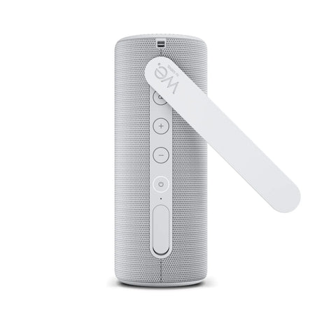 Loewe We. HEAR 2, nešiojama Bluetooth kolonėlė - Balta rankena, mygtukai, logotipas, kampas