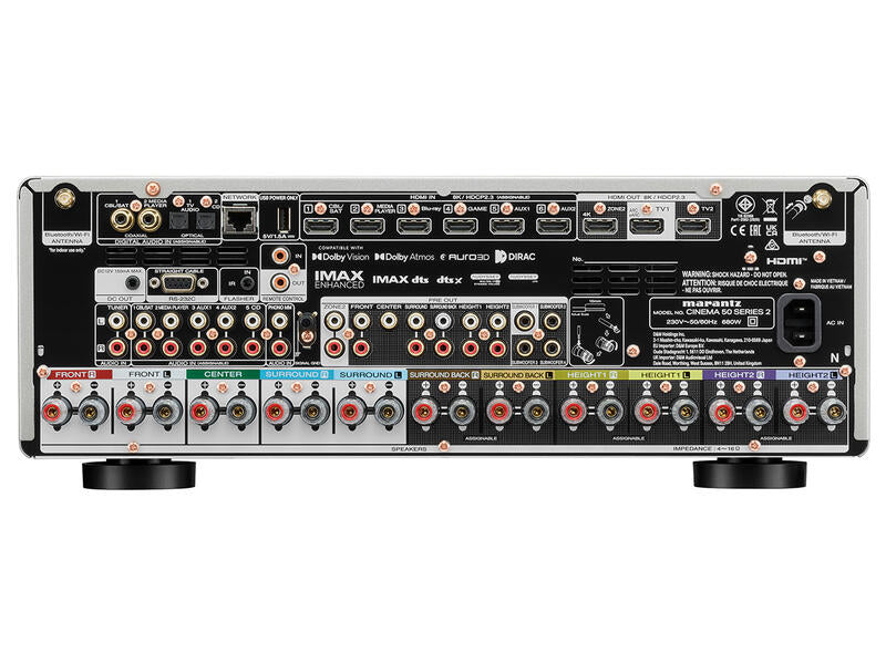 Marantz CINEMA 50 S2 (SERIES 2), 9.4 kanalų namų kino stiprintuvas - Gausybė jungčių, HDMI, garsiakalbių išvadai