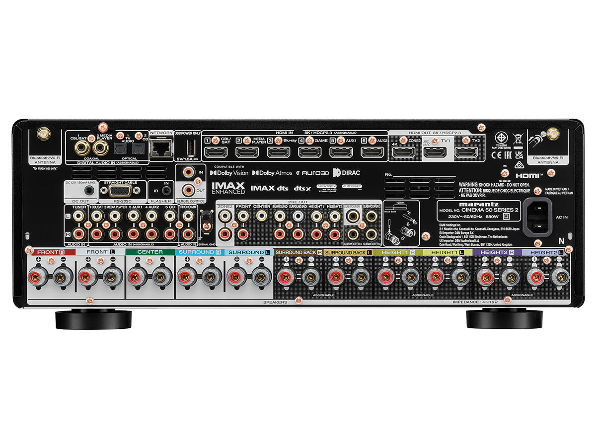 Marantz CINEMA 50 S2 (SERIES 2), 9.4 kanalų namų kino stiprintuvas - Gausybė jungčių ir išsamių garsiakalbių prijungimo galimybių