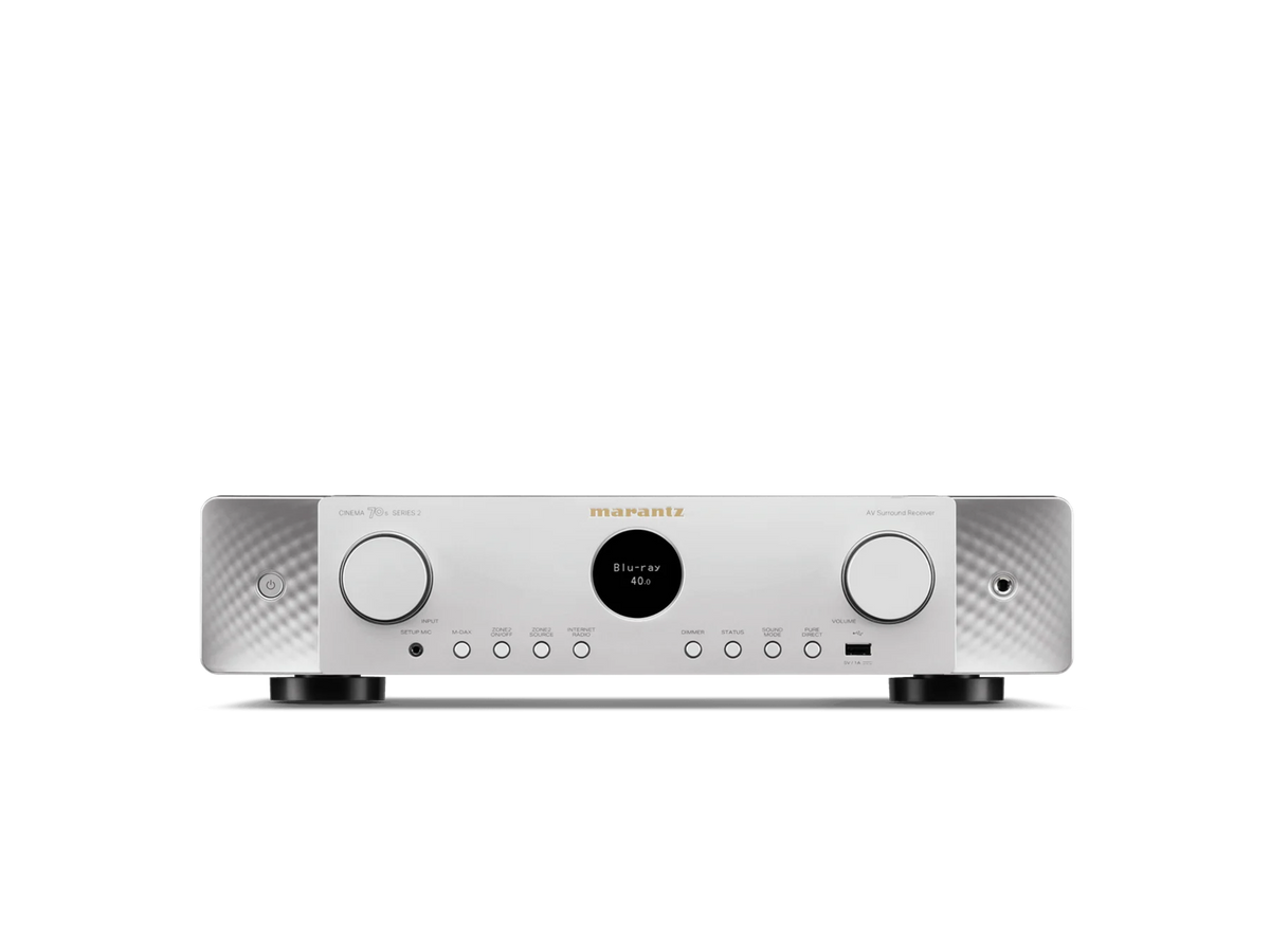 Marantz CINEMA 70s S2 (SERIES 2), 7.2 kanalų namų kino stiprintuvas - Sidabrinis priekis, apvalus ekranas, mygtukai