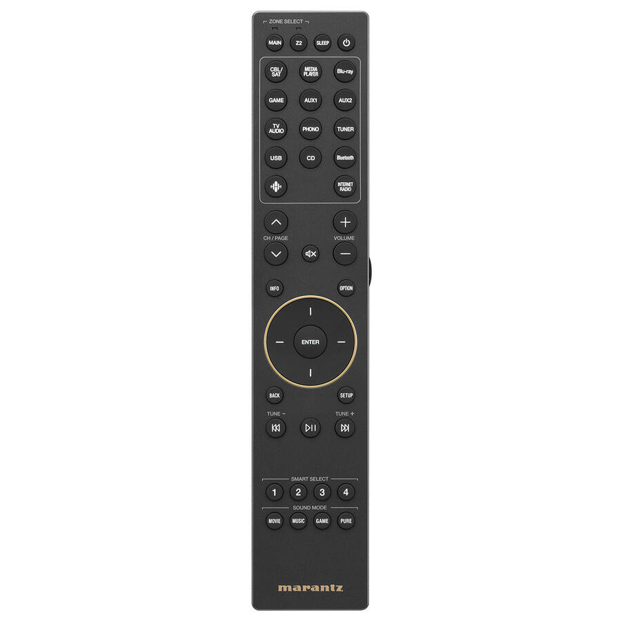 Marantz CINEMA 70s S2 (SERIES 2), 7.2 kanalų namų kino stiprintuvas - Pultas su daugybe mygtukų ir aukso spalvos apvadu