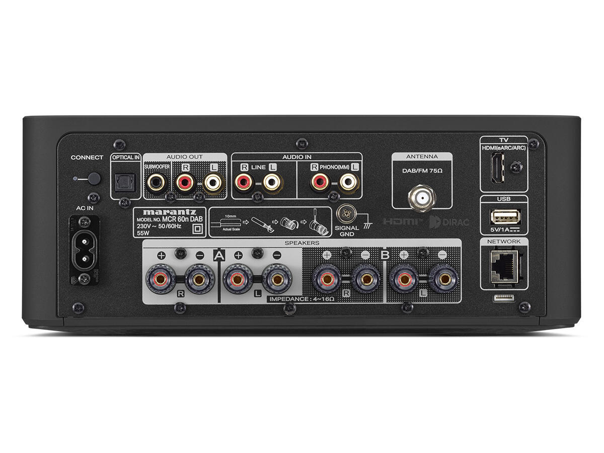 Marantz MCR 60n DAB, tinklo grotuvas su CD grotuvu ir stiprintuvu - Gausybė jungčių, HDMI, USB, tinklo lizdas