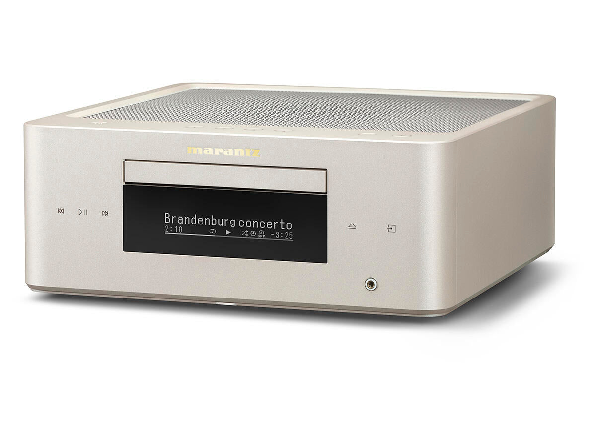 Marantz MCR 60n DAB, tinklo grotuvas su CD grotuvu ir stiprintuvu - Sidabrinis priekis, juodas ekranas, mygtukai, jungtis