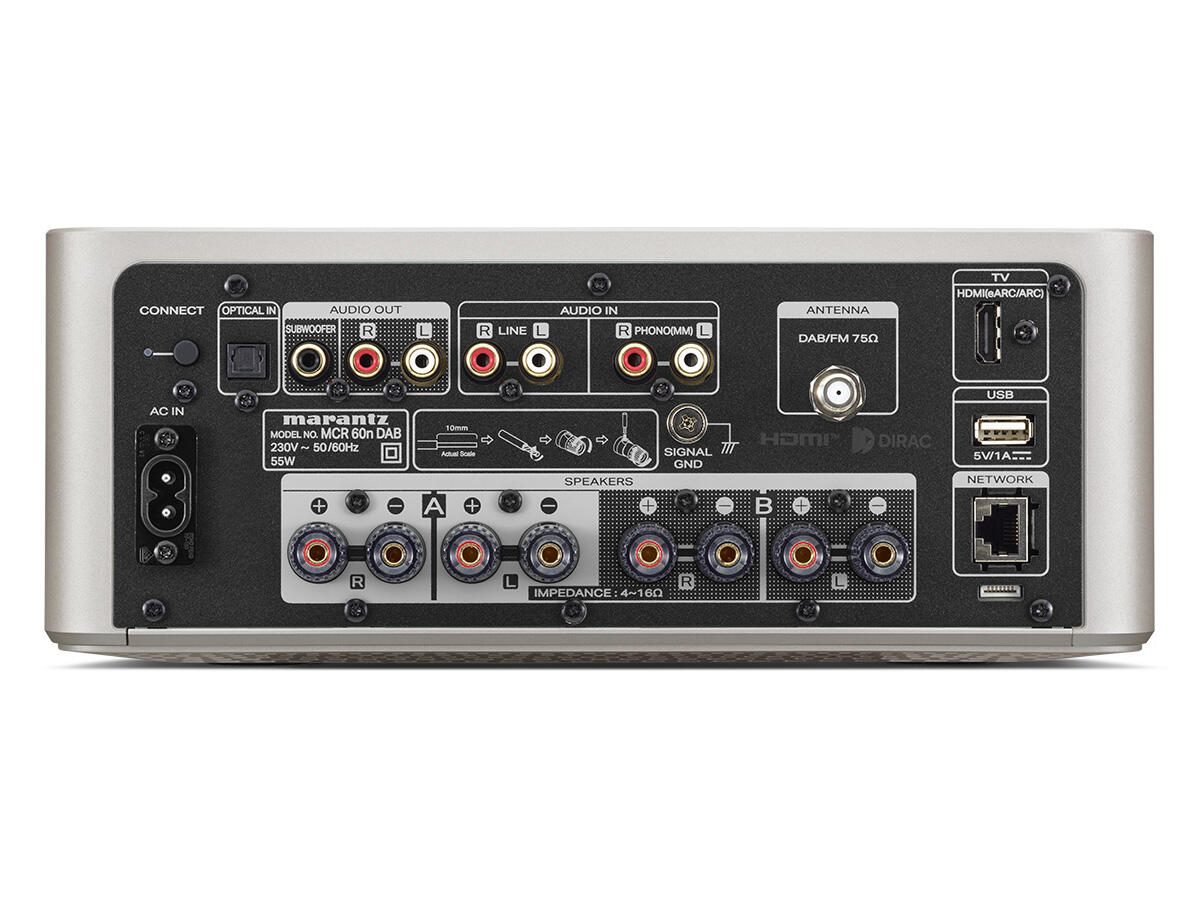 Marantz MCR 60n DAB, tinklo grotuvas su CD grotuvu ir stiprintuvu - Galinė panelė su daugybe jungčių ir laidų prijungimo taškų