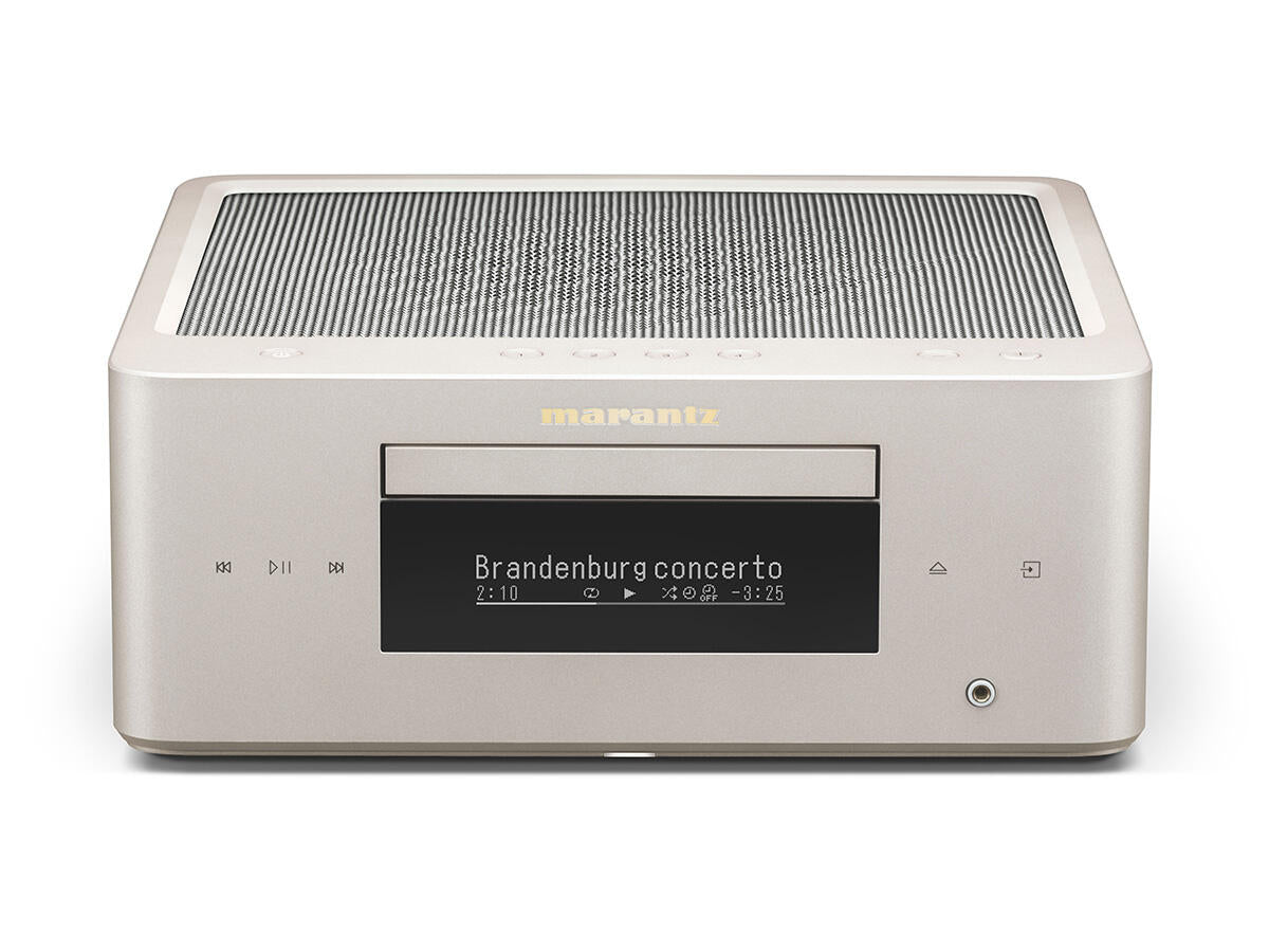 Marantz MCR 60n DAB, tinklo grotuvas su CD grotuvu ir stiprintuvu - Sidabrinis korpusas, juodas ekranas, grotuvo mygtukai