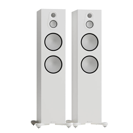 Monitor Audio Silver 500 8G, grindinės garso kolonėlės - Baltos grindinės kolonėlės su sidabriniais garsiakalbiais