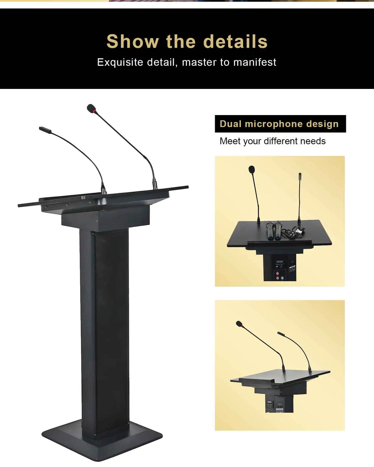 qq-chinapa T-100, konferencinė tribūna su mikrofonu ir LED apšvietimu