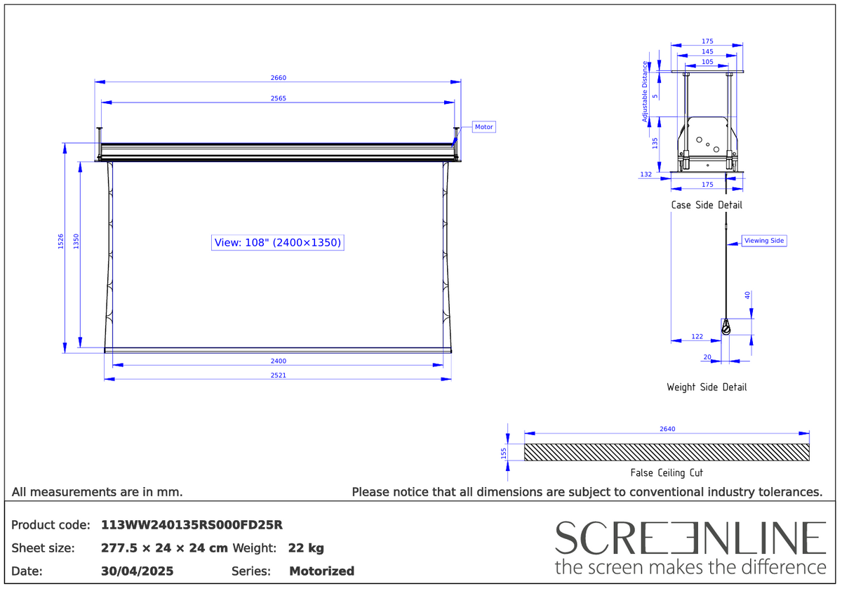 SCREENLINE 108″ (240 × 135 cm), motorizuotas į lubas įleidžiamas projekcinis ekranas su pilna automatika