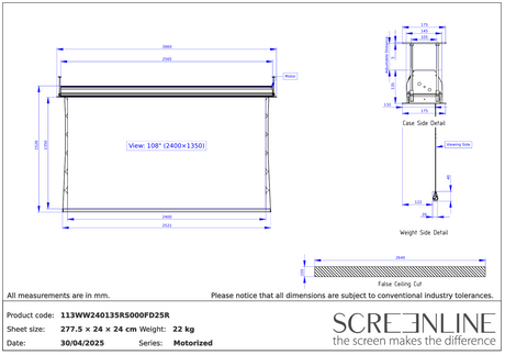 SCREENLINE 108″ (240 × 135 cm), motorizuotas į lubas įleidžiamas projekcinis ekranas su pilna automatika