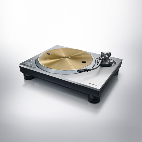 Technics SL-1300G, tiesioginės pavaros patefonas - Auksinis diskas, sidabrinis korpusas, kitas kampas