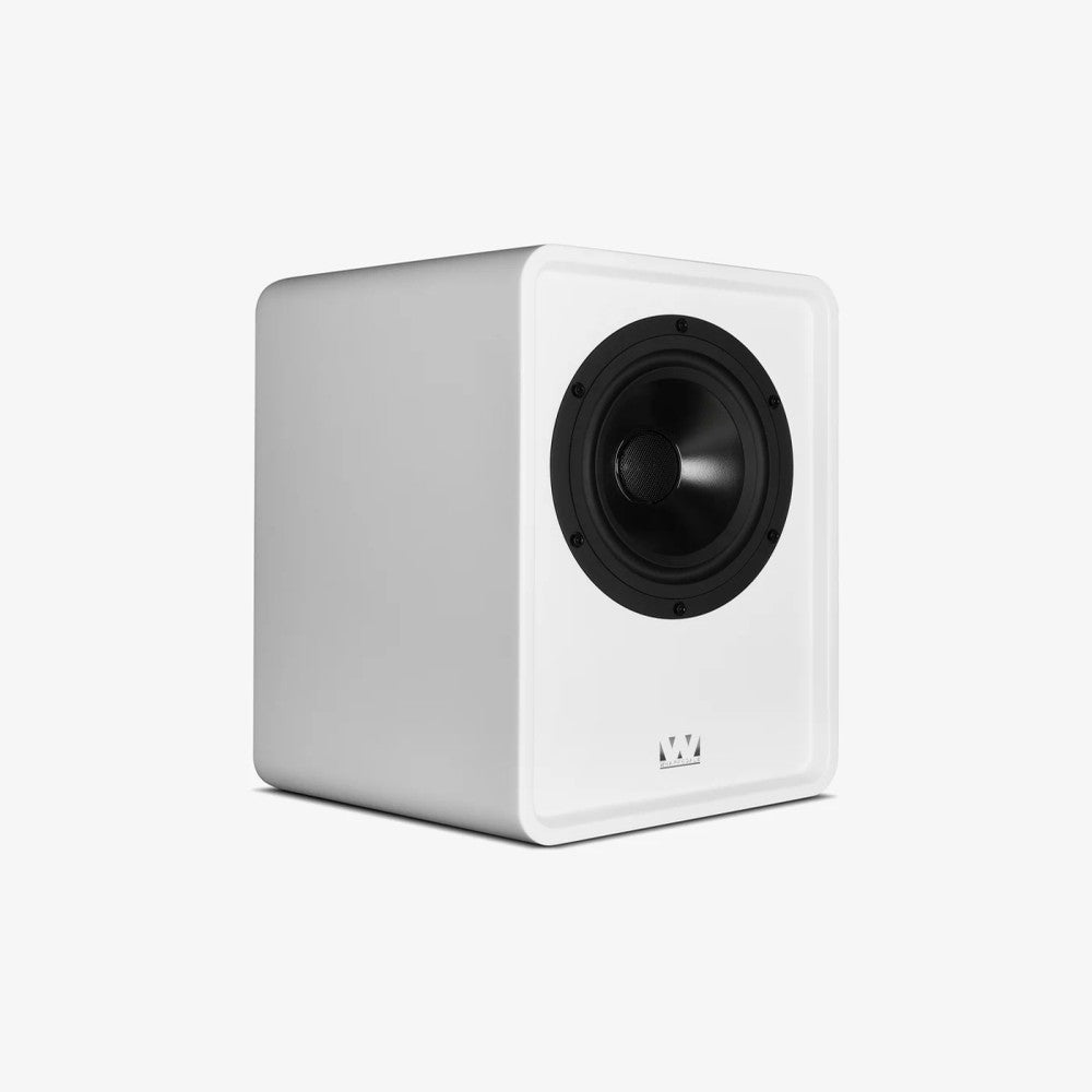 Wharfedale DENTON 1S, lentyninės garso kolonėlės - Baltas garsiakalbis, kitas kampas, logotipas apačioje