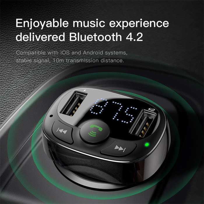 Automobilinis įkroviklis FM siųstuvas „Aux“ moduliatorius „Bluetooth“ laisvų rankų įranga Baseus S09A T-Type Dual USB Priedai Baseus AUTOGARSAS.LT