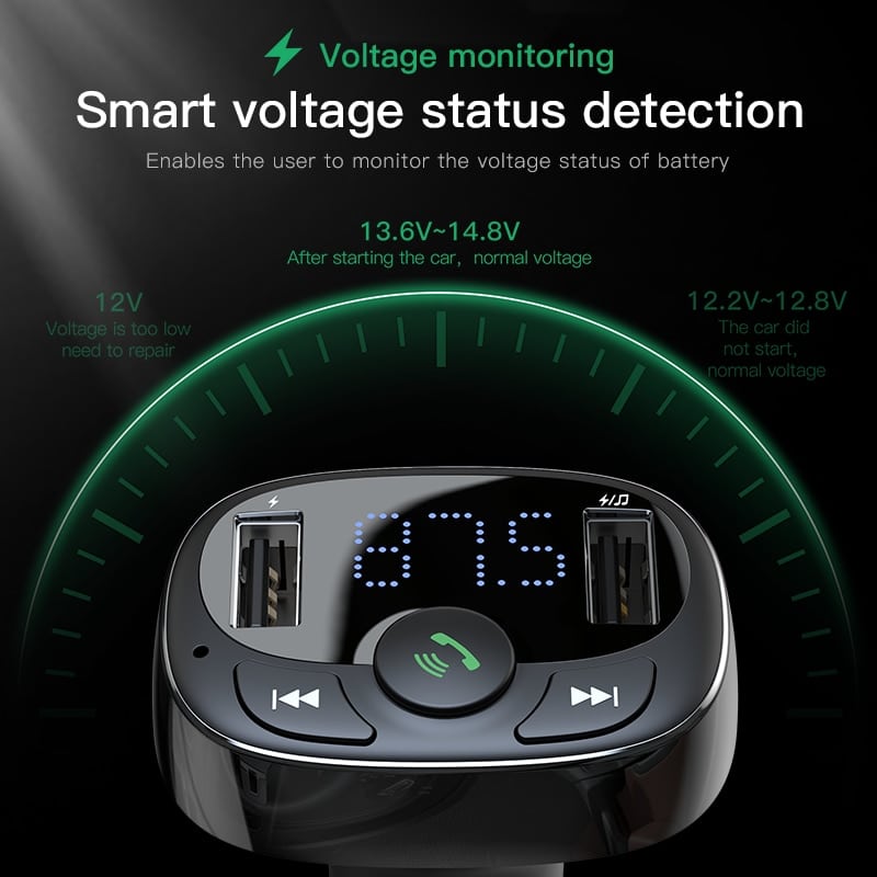 Automobilinis įkroviklis FM siųstuvas „Aux“ moduliatorius „Bluetooth“ laisvų rankų įranga Baseus S09A T-Type Dual USB Priedai Baseus AUTOGARSAS.LT