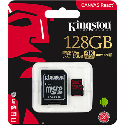 Atminties kortelė KINGSTON 128GB microSDXC Canvas React 100R/80W U3 USH-I V30 A1 Vaizdo registratoriai - radarų detektoriai Kingston AUTOGARSAS.LT