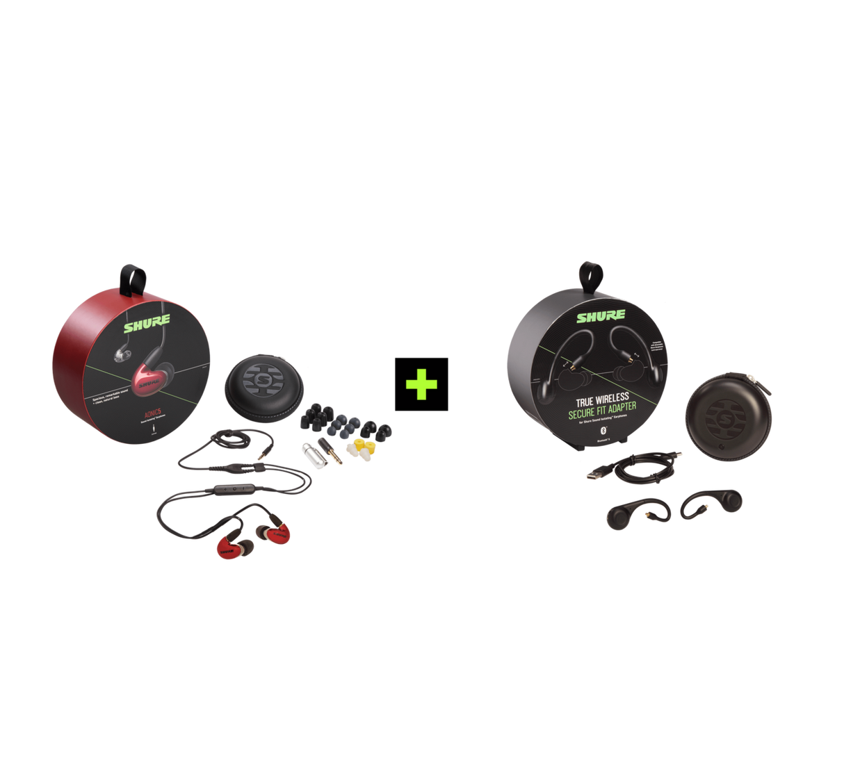 Shure AONIC 5 TRUE WIRELESS EARPHONE BUNDLE, Ausinių ir belaidžių ausinių adapterio rinkinys (įvairių spalvų) - pakuotės