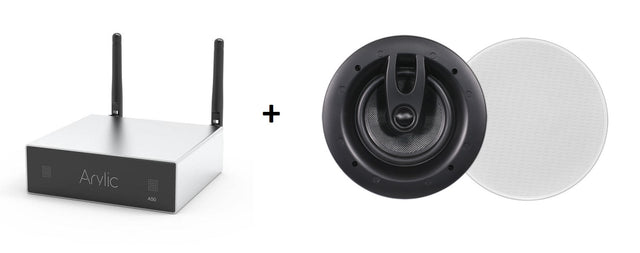 Arylic Wireless Stereo Amplifier A50+ ir System One IC670, stereo komplektas montuojamas į lubas