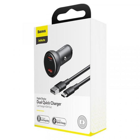 BASEUS Digital Display + USB-C, automobilinis įkroviklis + laidas