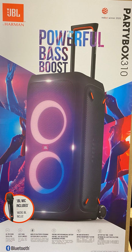 JBL PartyBox 310, nešiojama garso kolonėlė - valdymas + JBL mikrofonas