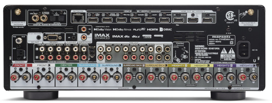 Marantz CINEMA 50, Premium 9.4 kanalų 8K AV Resyveris-Stiprintuvas su Dolby Atmos - galinė panelė su daugybe jungčių