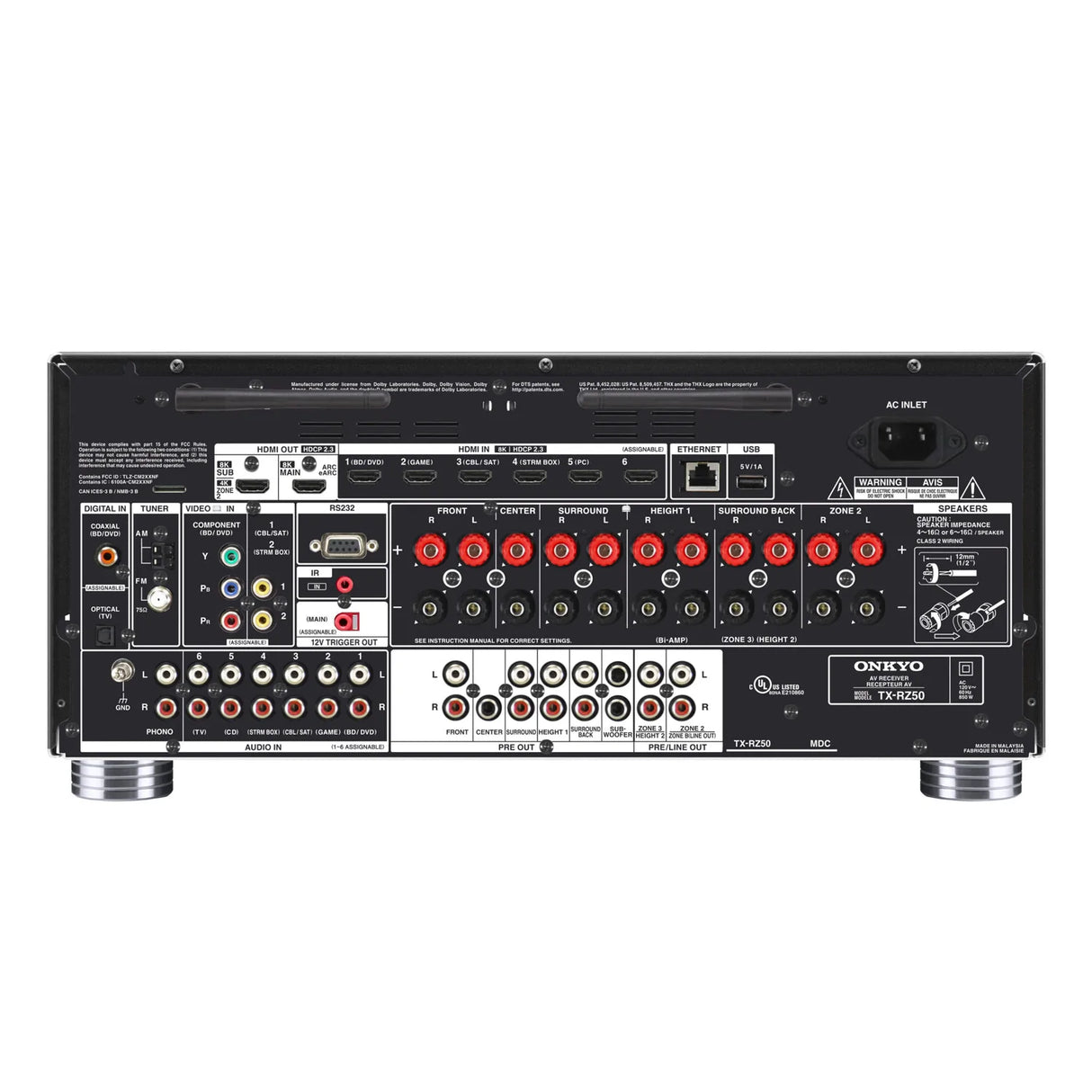 Onkyo TX-RZ50, 9.2 kanalo AV Resyveris-Stiprintuvas su Dirac Live - galinė panelė su daugybe jungčių