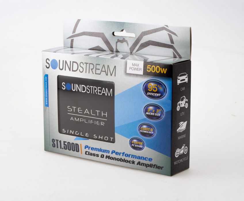Soundstream ST1.500D, itin kompaktiškas automobilinis stiprintuvas - pakuotė