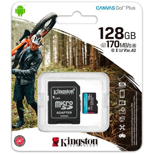 Kingston 128GB microSDXC Canvas Go Plus 170R A2 U3 V30, atminties kortelė - Pakuotė