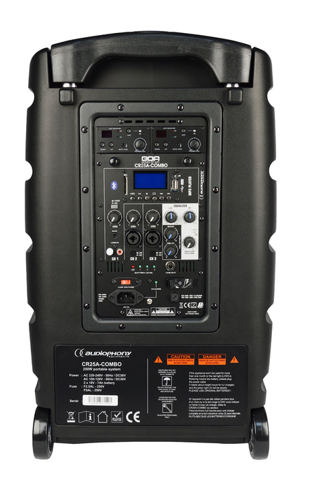 Nešiojama garso sistema Audiophony CR25A-COMBO su dviem belaidžiais UHF mikrofonais, Bluetooth, USB Kolonėlės Audiophony AUTOGARSAS.LT