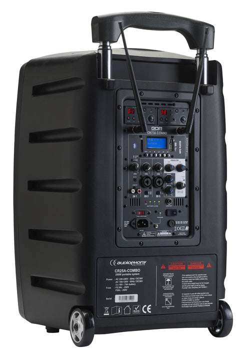 Nešiojama garso sistema Audiophony CR25A-COMBO su dviem belaidžiais UHF mikrofonais, Bluetooth, USB Kolonėlės Audiophony AUTOGARSAS.LT
