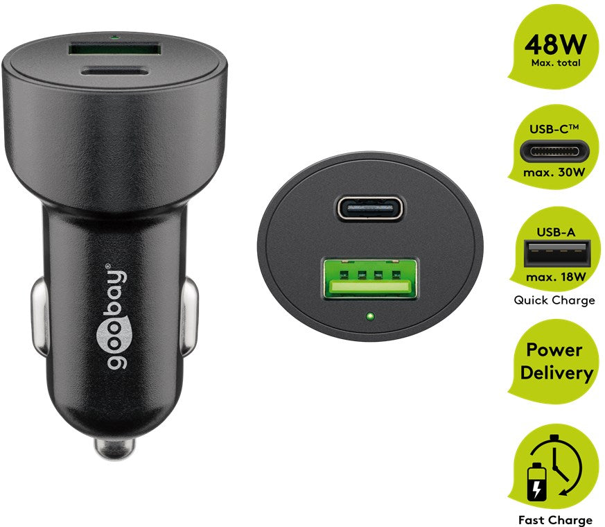 Goobay Dual-USB Auto Fast Charger USB-C™ PD, automobilinis įkroviklis - savybės