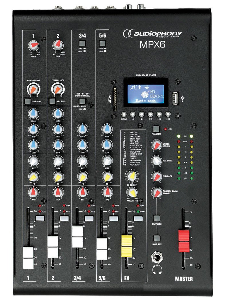 Audiophony MPX6 Mikšerinis Pultas su Bleutooth, USB, SD grotuvu 6-šių kanalų PRO DJ GARSO TECHNIKA Audiophony AUTOGARSAS.LT